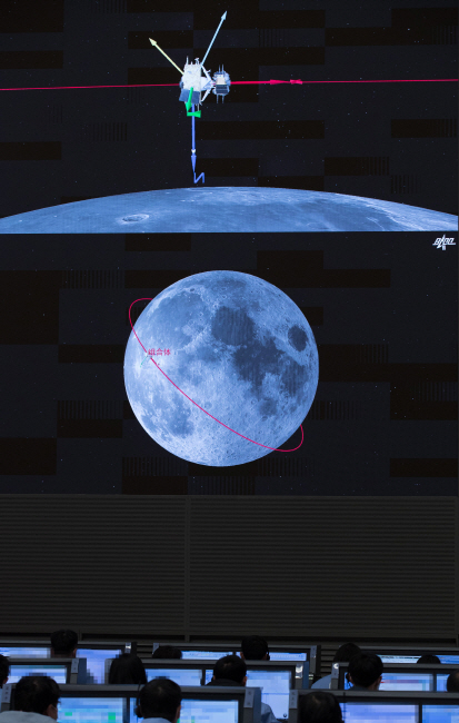 6일 중국 베이징의 베이징 항공우주관제센터의 화면에 달 표면에서 채취한 샘플을 실은 중국 창어(嫦娥)5호 탐사선이 궤도선과 도킹하는 모습을 보여지고 있다. 중국 국가항천국(CNSA)은 창어5호 탐사선이 이날 오전 5시42분(한국시간 오전 6시42분) 궤도선과의 도킹에 성공했다고 밝혔다. 이에 따라 창어5호는 거의 45년만에 달 암석을 싣고 지구로 귀환할 준비에 들어간다. /뉴시스