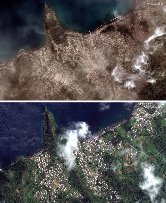 맥사 테크놀러지가 제공한 두 장의 사진에 지난 2일(현지시간) 세인트 빈센트 섬의 수프리에르 화산이 분출하기 전(아래)과 12일 또다시 분출한 화산재로 뒤덮인 13일의 리치먼드 배일 해안가를 보여준다. /뉴시스